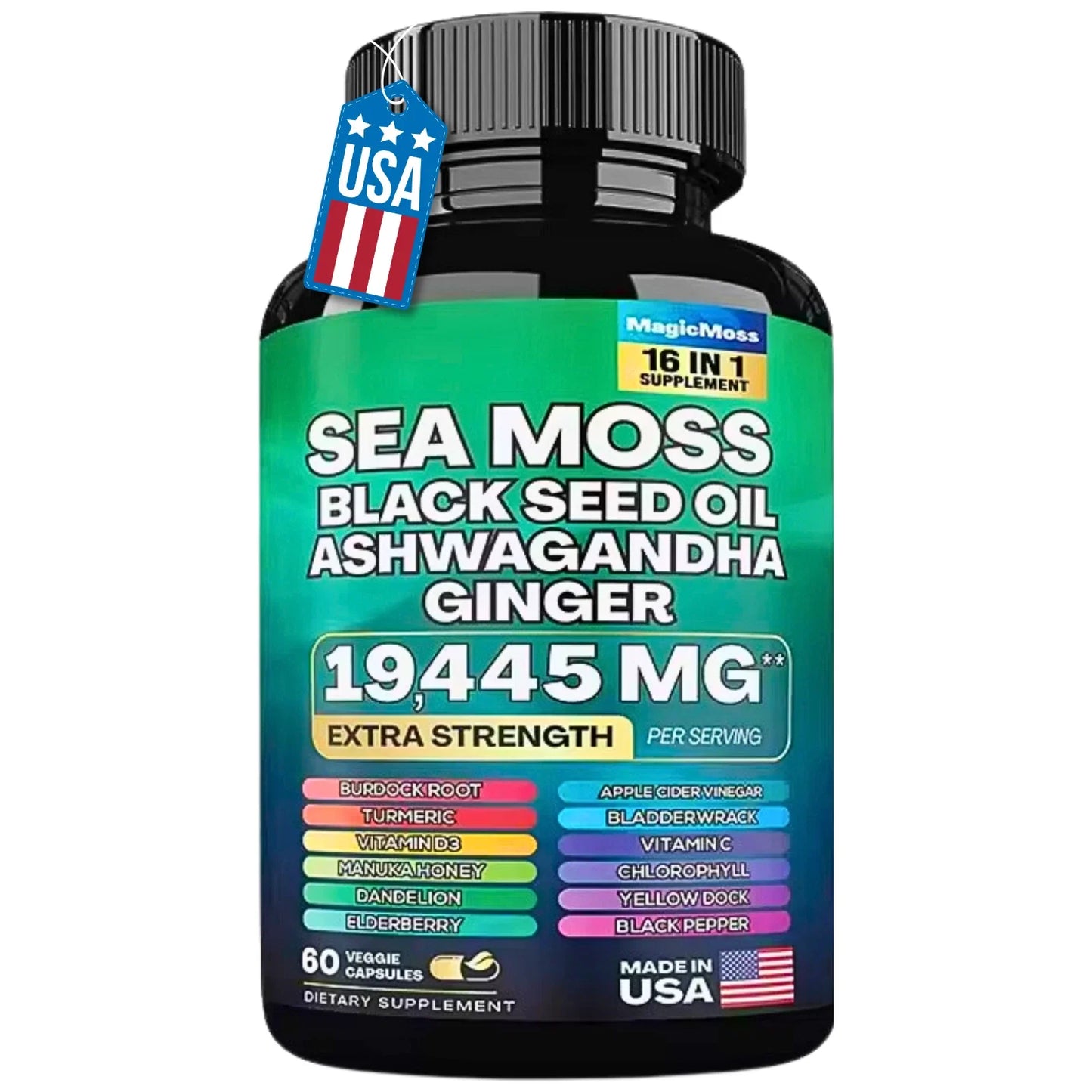 Sea Moss, Black Seed Oil, Ashwagandha, Turmeric, Ginger (16 in 1 Multivitamin)