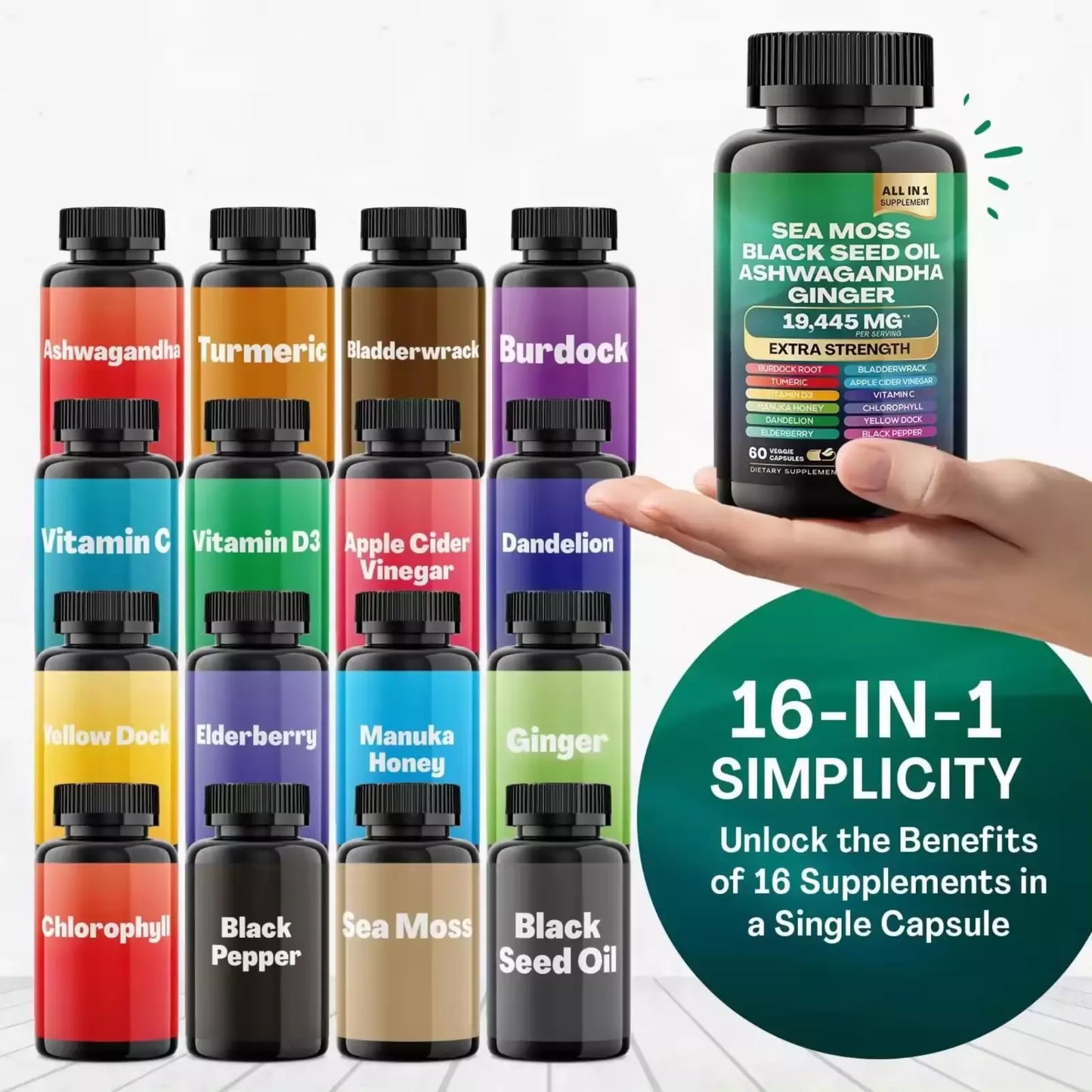 Sea Moss, Black Seed Oil, Ashwagandha, Turmeric, Ginger (16 in 1 Multivitamin)