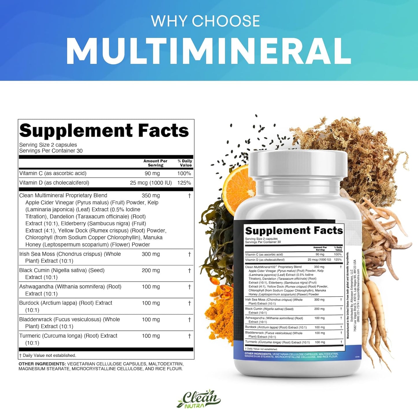 Clean Nutraceuticals Sea Moss Black Seed Oil Ashwagandha Turmeric Bladderwrack Burdock