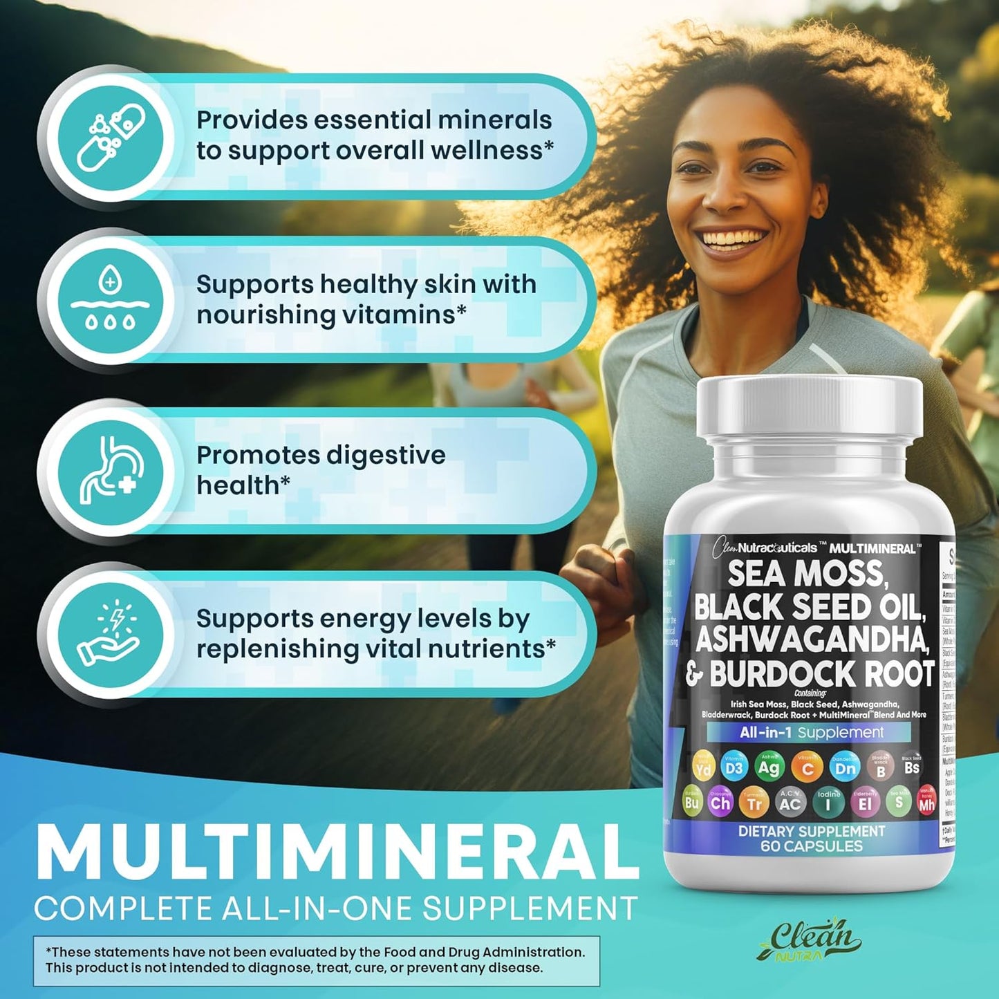 Clean Nutraceuticals Sea Moss Black Seed Oil Ashwagandha Turmeric Bladderwrack Burdock