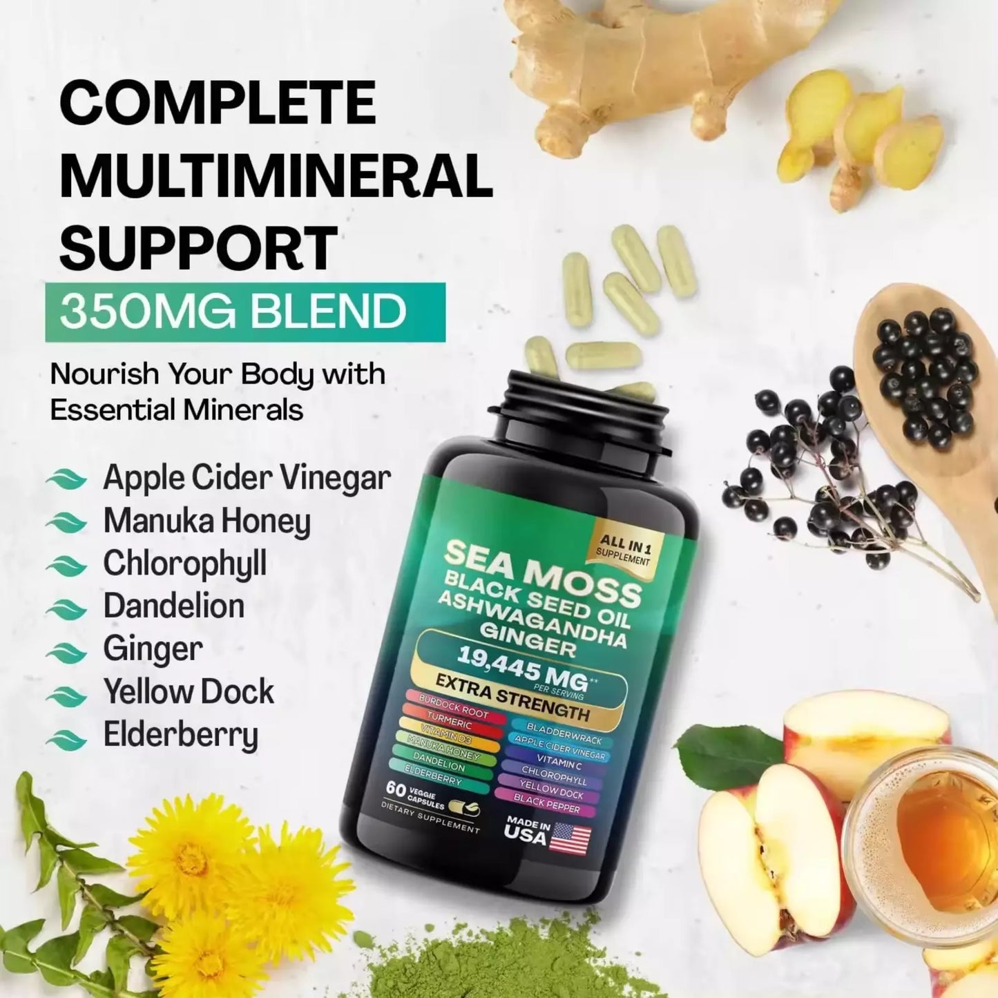 Sea Moss, Black Seed Oil, Ashwagandha, Turmeric, Ginger (16 in 1 Multivitamin)