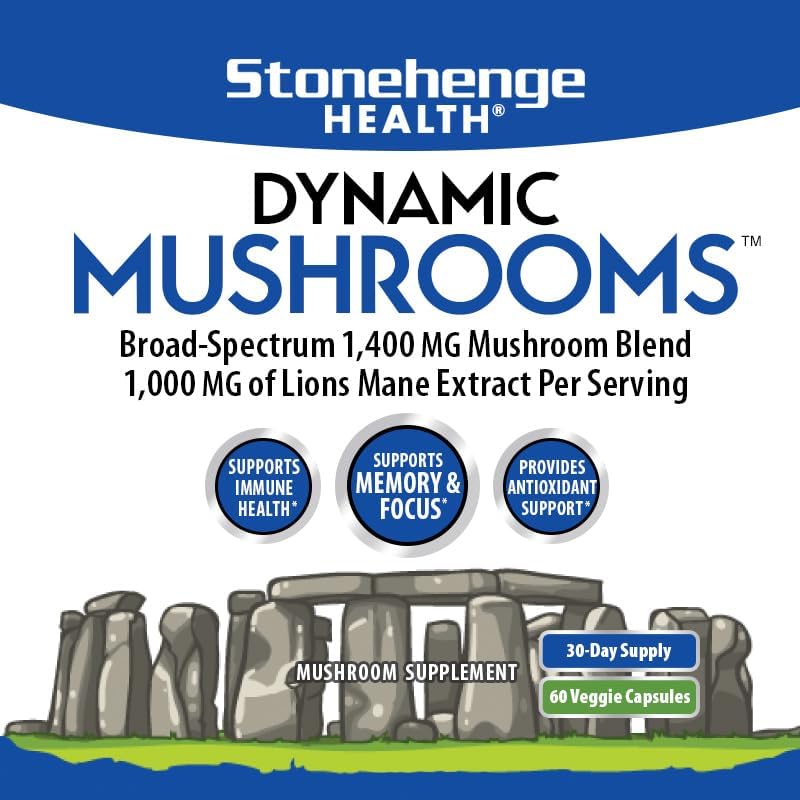 Stonehenge Health Dynamic Mushrooms - 100% Fruiting Bodies & Extracts - No Mycelium - 60 Veggie Capsules