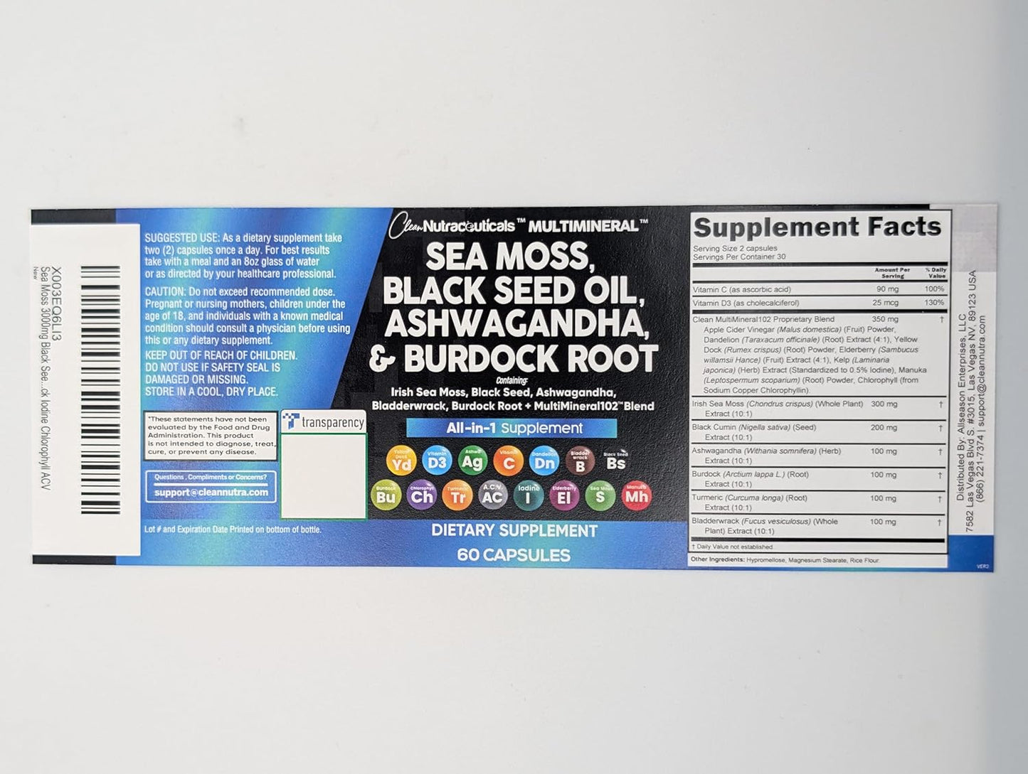 Clean Nutraceuticals Sea Moss Black Seed Oil Ashwagandha Turmeric Bladderwrack Burdock