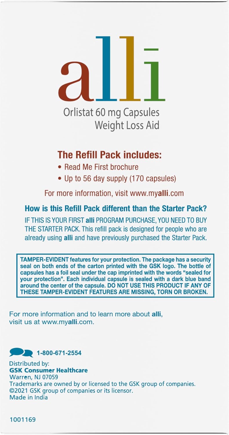 alli Weight Loss Diet Pills, Orlistat 60 mg Capsules, Non Prescription Weight Loss Aid, 120 Count Refill Pack