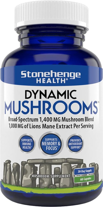 Stonehenge Health Dynamic Mushrooms - 100% Fruiting Bodies &amp; Extracts  - No Mycelium - 60 Veggie Capsules
