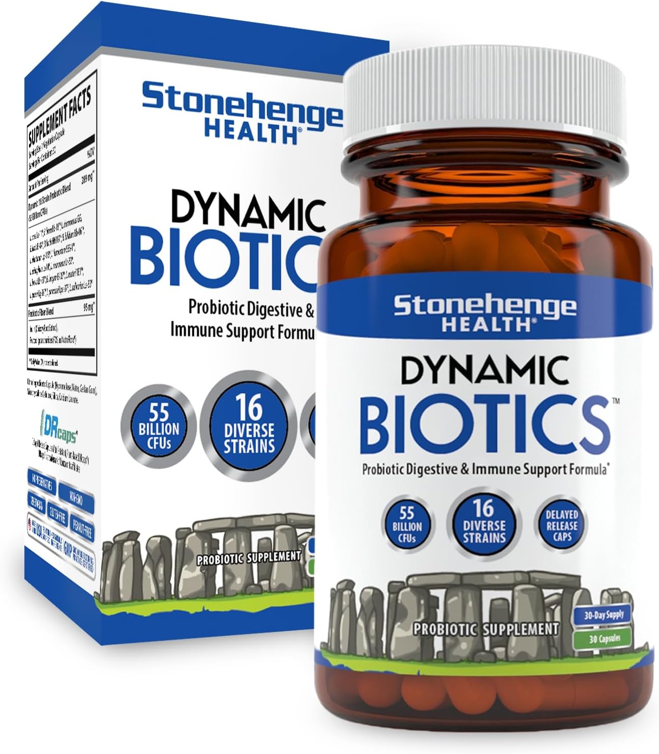 Stonehenge Health Probiotics 55 Billion CFU - 16 Strains, Prebiotic, Non-GMO Gluten Free Veggie Capsule 30 Count (Pack of 1)