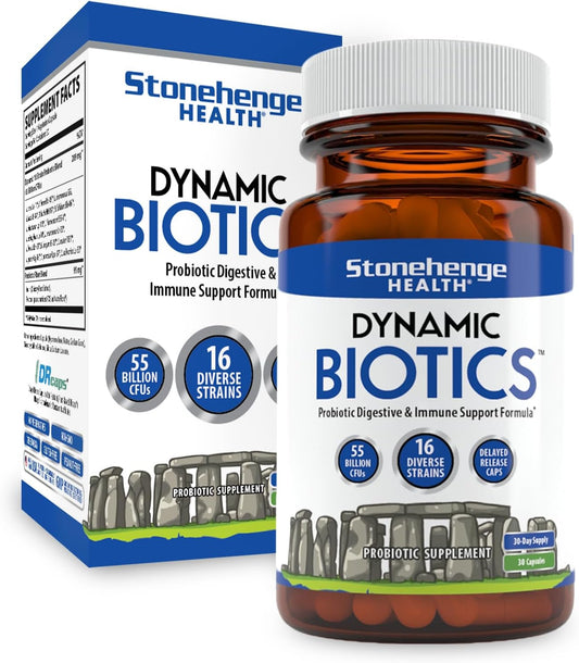 Stonehenge Health Probiotics 55 Billion CFU - 16 Strains, Prebiotic, Non-GMO Gluten Free Veggie Capsule 30 Count (Pack of 1)