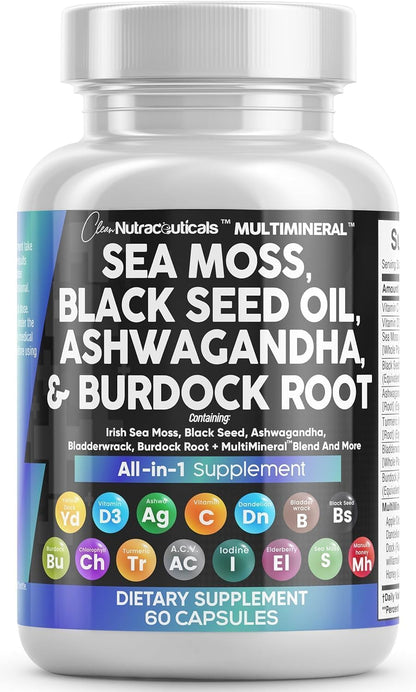 Clean Nutraceuticals Sea Moss Black Seed Oil Ashwagandha Turmeric Bladderwrack Burdock