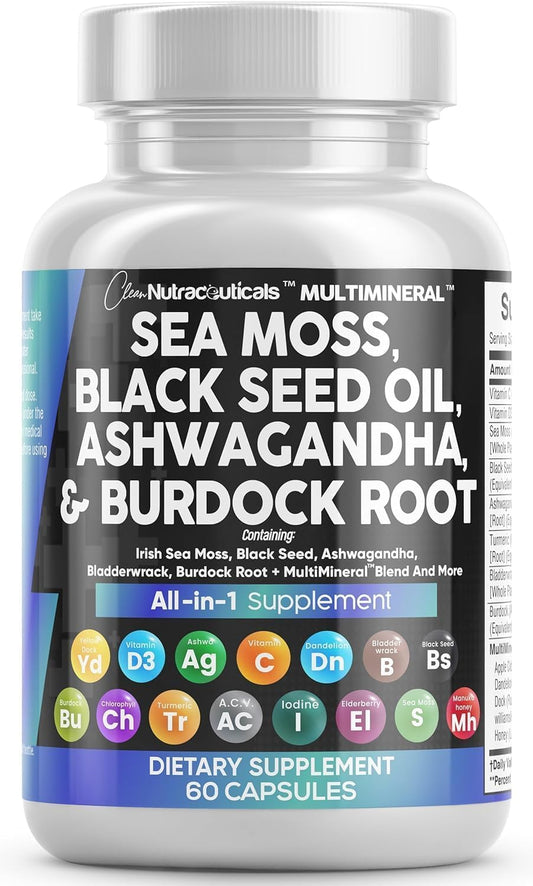 Clean Nutraceuticals Sea Moss Black Seed Oil Ashwagandha Turmeric Bladderwrack Burdock