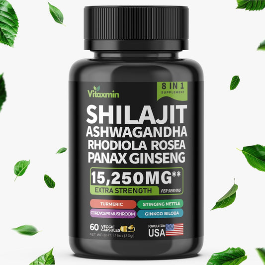 Shilajit and Ashwagandha Capsules, 8-in-1 Herbal Multivitamin for Men and Women