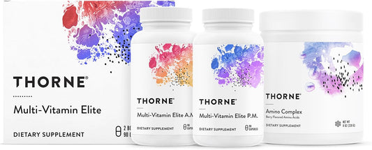 THORNE Multi-Vitamin Elite AM & PM (180 Capsules) &amp; Amino Complex (Berry, 8 Oz) Bundle