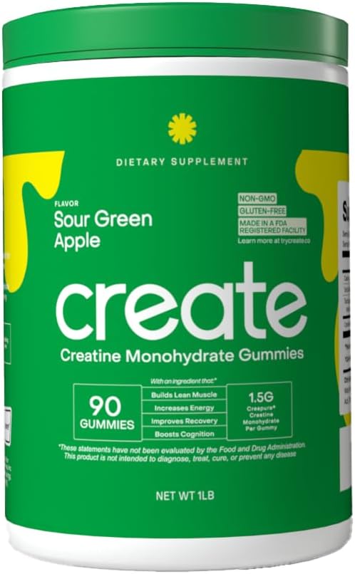 Creatine Monohydrate Gummies for Men & Women (Sour Green Apple, 90 ct)