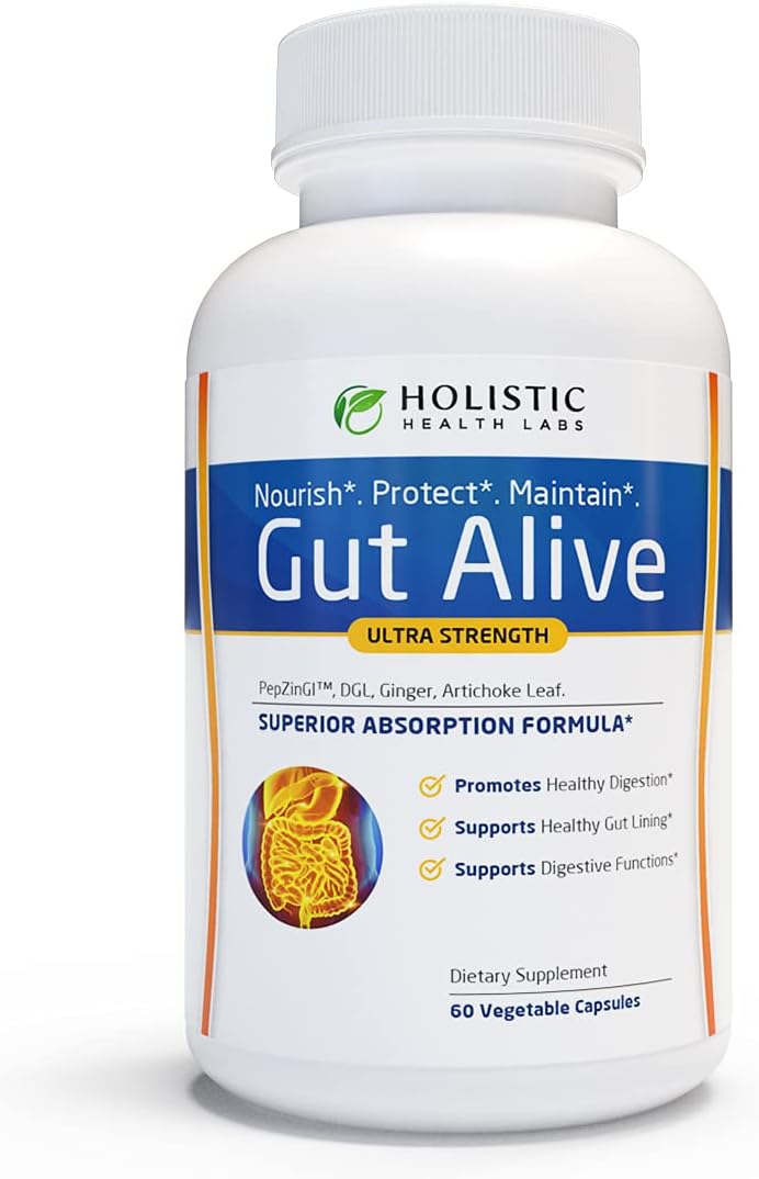 Gut Alive - All Natural Support to Fight IBS, Heartburn, Acid Indigestion, Acid Reflux, Bloating & Gas. Unique Formulation (60 Count (Pack of 1)