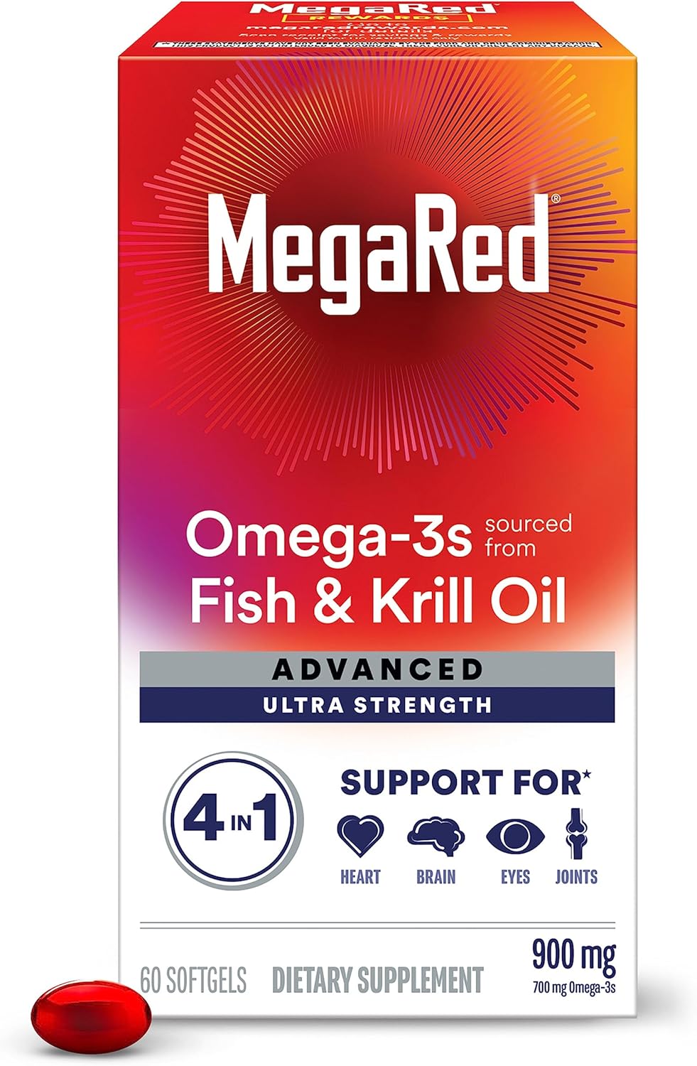 Megared Omega-3 Fish &amp; Krill Oil Supplement 900mg - Heart, Joint, Brain and Eye Supplement, Red, 60 Count