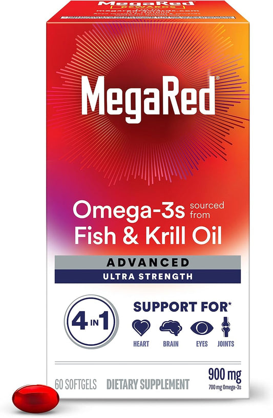 Megared Omega-3 Fish &amp; Krill Oil Supplement 900mg - Heart, Joint, Brain and Eye Supplement, Red, 60 Count