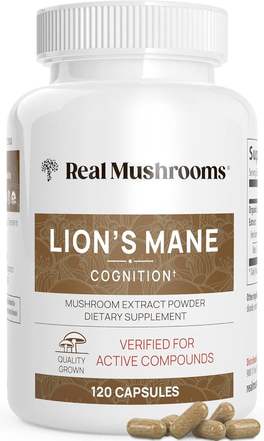 Real Mushrooms Lions Mane Supplement Capsules, Vegan Mushroom Supplements in 120 Capsules