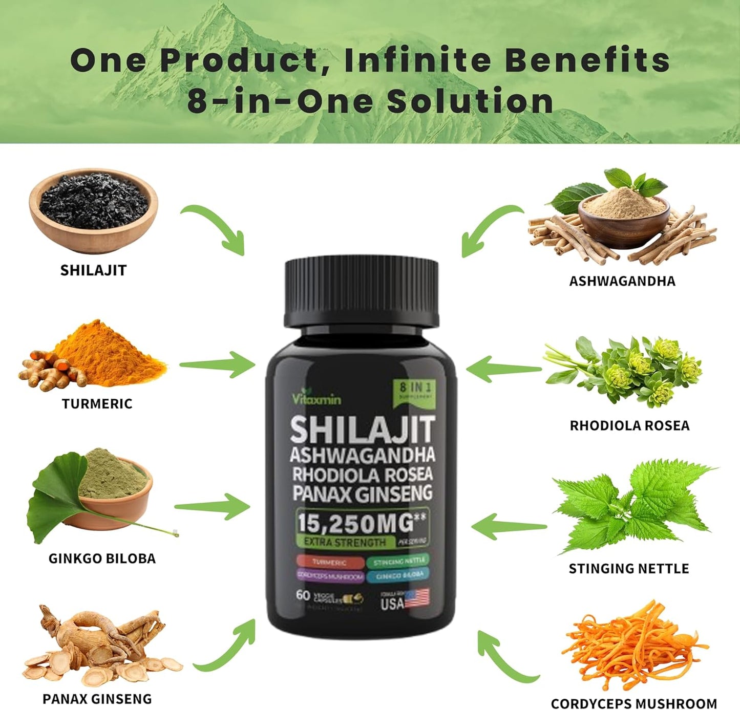 Shilajit and Ashwagandha Capsules, 8-in-1 Herbal Multivitamin for Men and Women