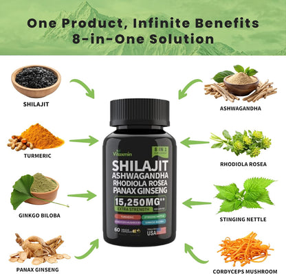 Shilajit and Ashwagandha Capsules, 8-in-1 Herbal Multivitamin for Men and Women