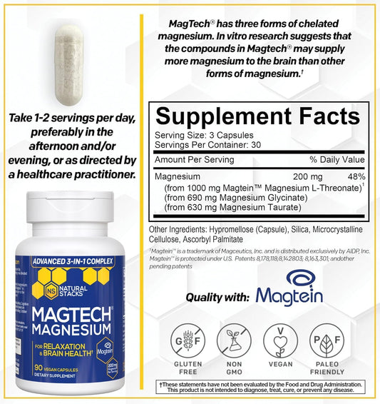MagTech Magnesium Supplement - Supports Relaxation &amp; Brain Health - 90 Capsules