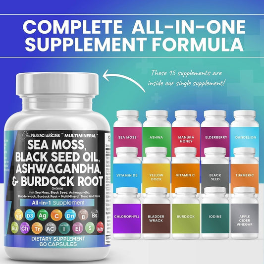 Clean Nutraceuticals Sea Moss Black Seed Oil Ashwagandha Turmeric Bladderwrack Burdock