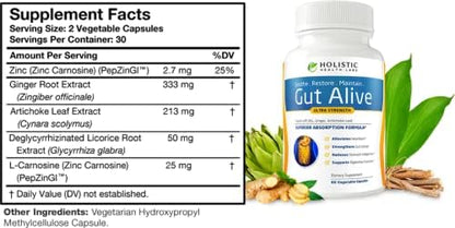 Gut Alive - All Natural Support to Fight IBS, Heartburn, Acid Indigestion, Acid Reflux, Bloating & Gas. Unique Formulation (60 Count (Pack of 1)