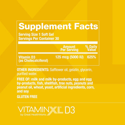 OmegaXL VitaminXL D3 High Potency Daily Vitamin D 5000 IU 125mcg Immune Support Supplement