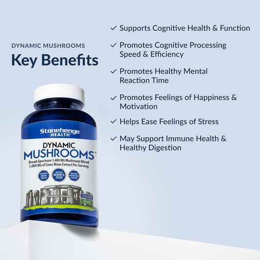 Stonehenge Health Dynamic Mushrooms - 100% Fruiting Bodies &amp; Extracts  - No Mycelium - 60 Veggie Capsules