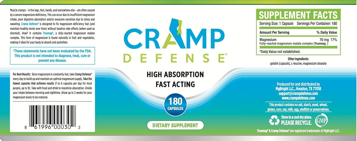 Cramp Defense® Magnesium for Leg Cramps, Muscle Cramps &amp; Muscle Spasms,  180 Capsule Bottle