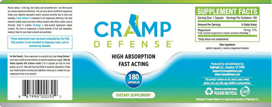 Cramp Defense® Magnesium for Leg Cramps, Muscle Cramps &amp; Muscle Spasms,  180 Capsule Bottle