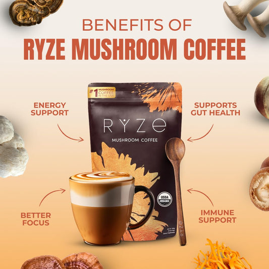 RYZE SUPERFOODS Mushroom Coffee USDA Organic with 6 Adaptogenic Mushrooms and MCT Oil