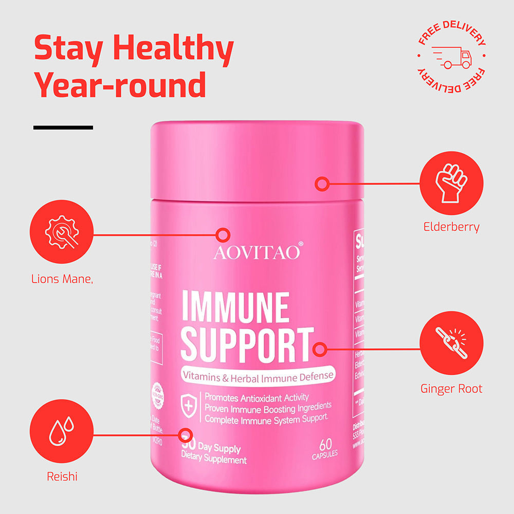 AOVITAO Natural Herbal Immune Defense Immunity Vitamins Supplement Booster And Mushroom Supplement With Lion's Mane, Reishi, Chaga, Cordyceps, Turkey Tail & More