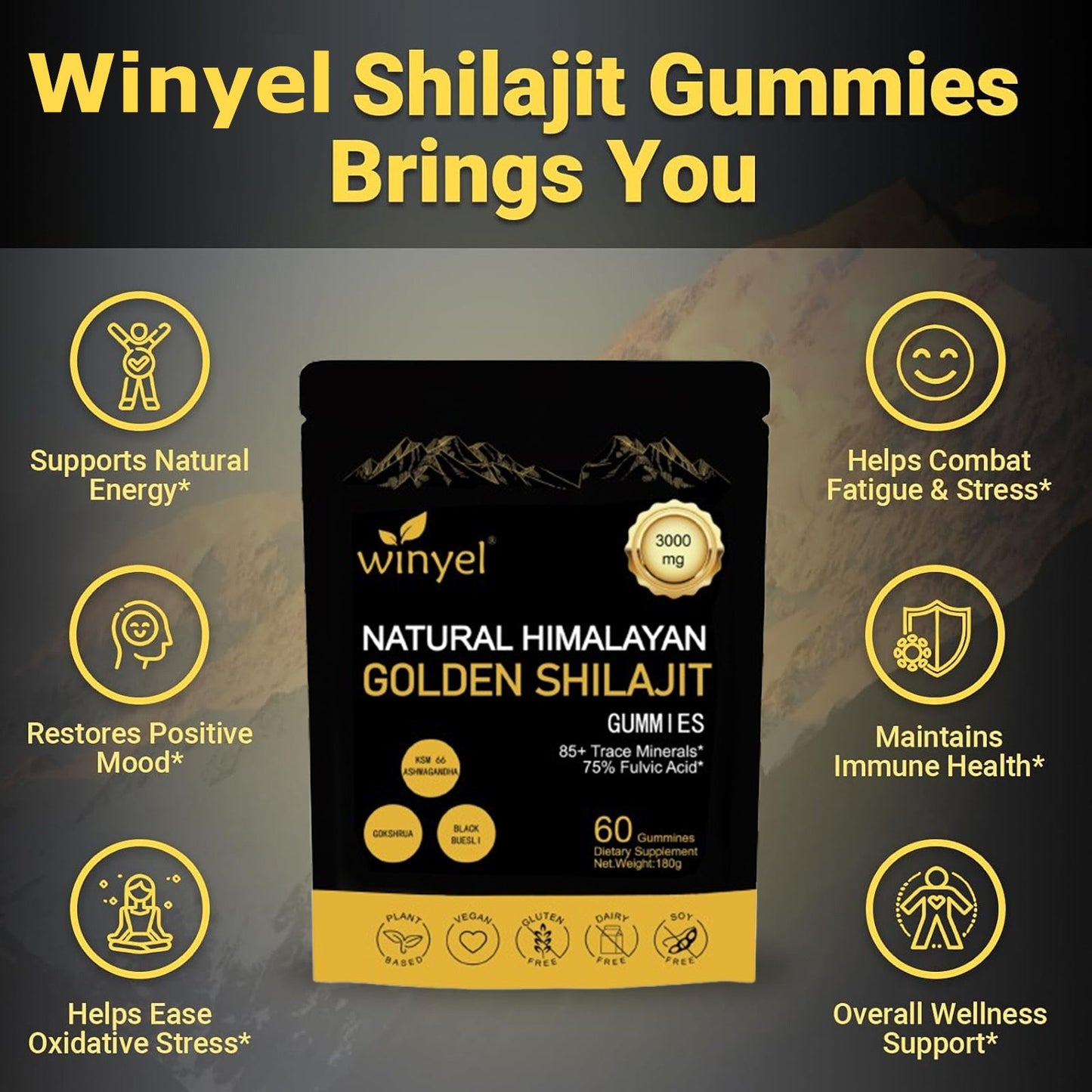 Shilajit Gummies, Himalayan Shilajit Supplements, Ashwagandha, Gokshura, 85 Trace Minerals, High Potency Gold Grade, 60 Gummies For Energy Boost, Immune Support, Non-GMO