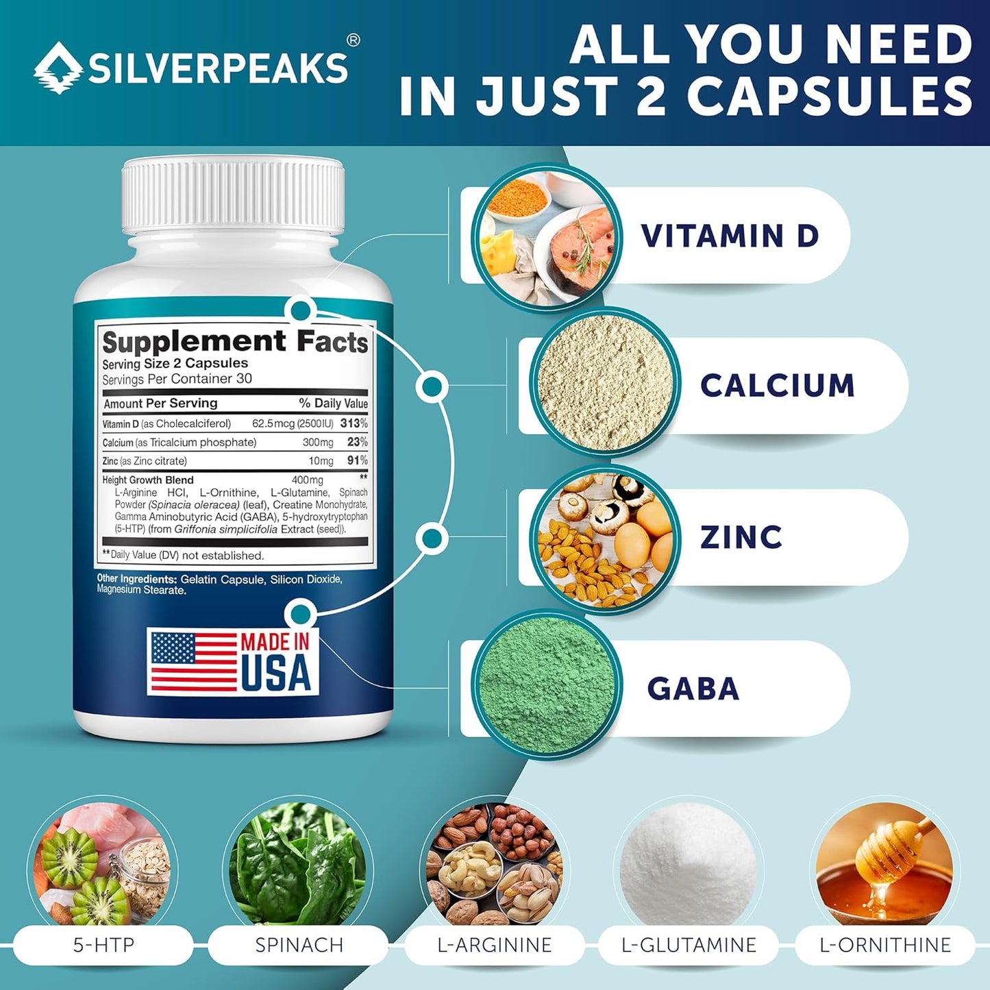 Growth Capsules to Grow Taller - Height Growth Maximizer with Calcium for Bone Strength, Made in USA