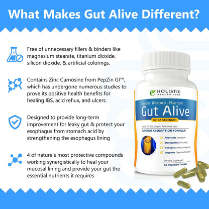 Gut Alive - All Natural Support to Fight IBS, Heartburn, Acid Indigestion, Acid Reflux, Bloating & Gas. Unique Formulation (60 Count (Pack of 1)
