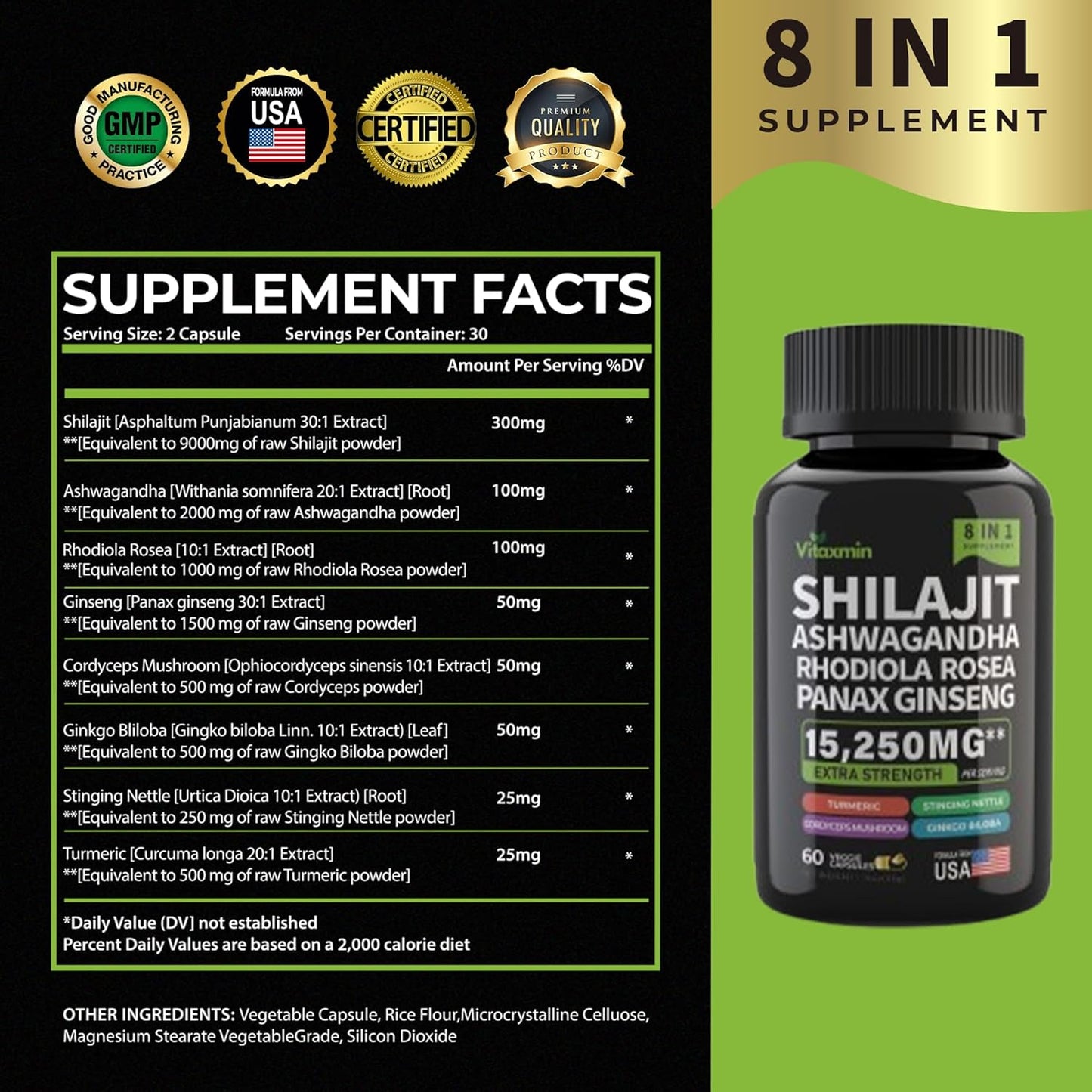 Shilajit and Ashwagandha Capsules, 8-in-1 Herbal Multivitamin for Men and Women
