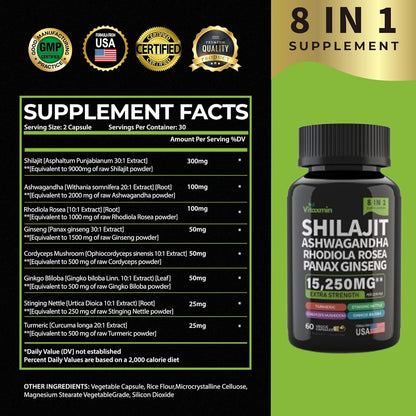 Shilajit and Ashwagandha Capsules, 8-in-1 Herbal Multivitamin for Men and Women