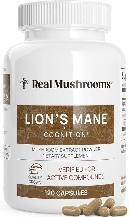 Real Mushrooms Lions Mane Supplement Capsules, Vegan Mushroom Supplements in 120 Capsules