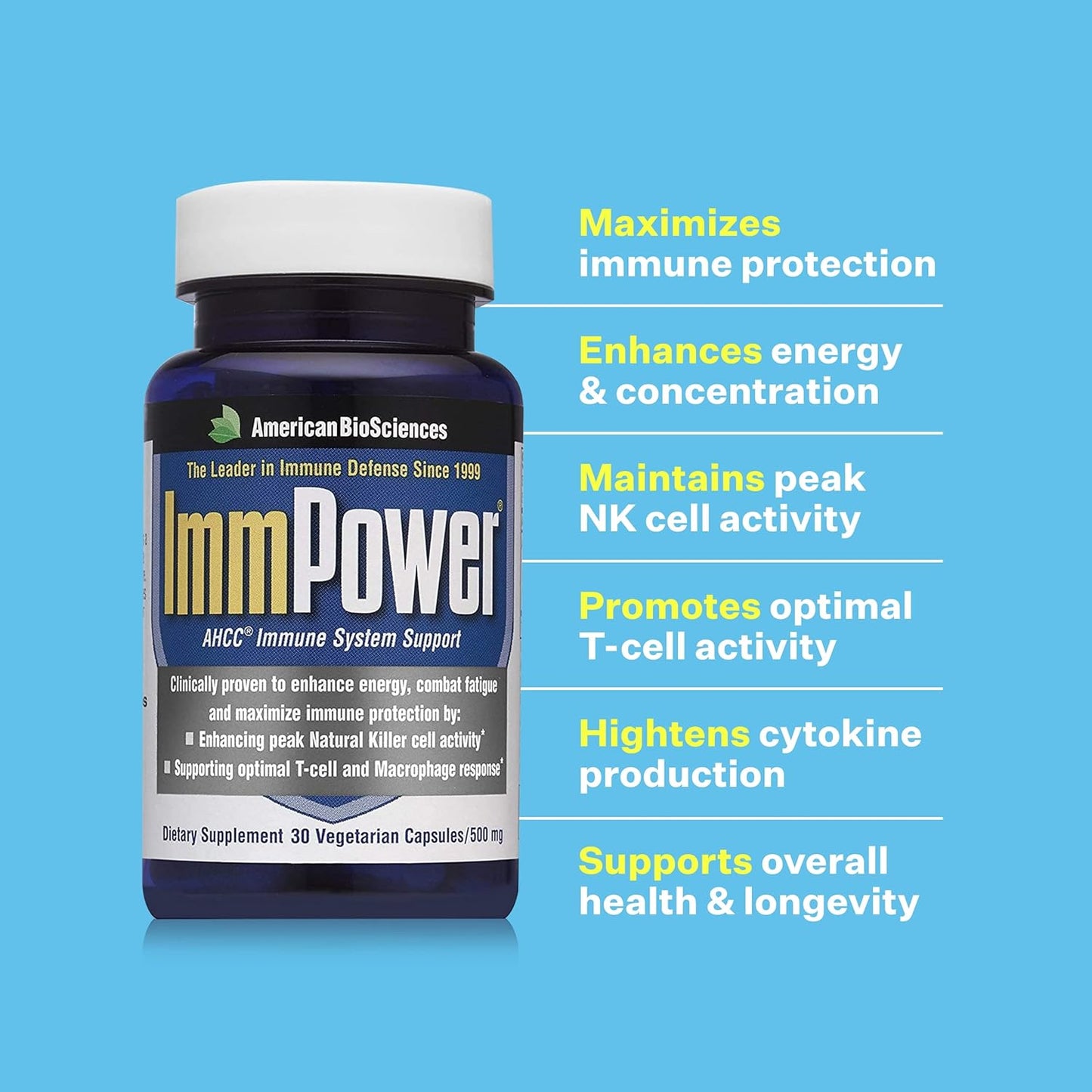ImmPower, AHCC Mushroom Extract - Immune Support Supplement for Adults  - 30 Vegetarian Capsules, 500mg/capsule