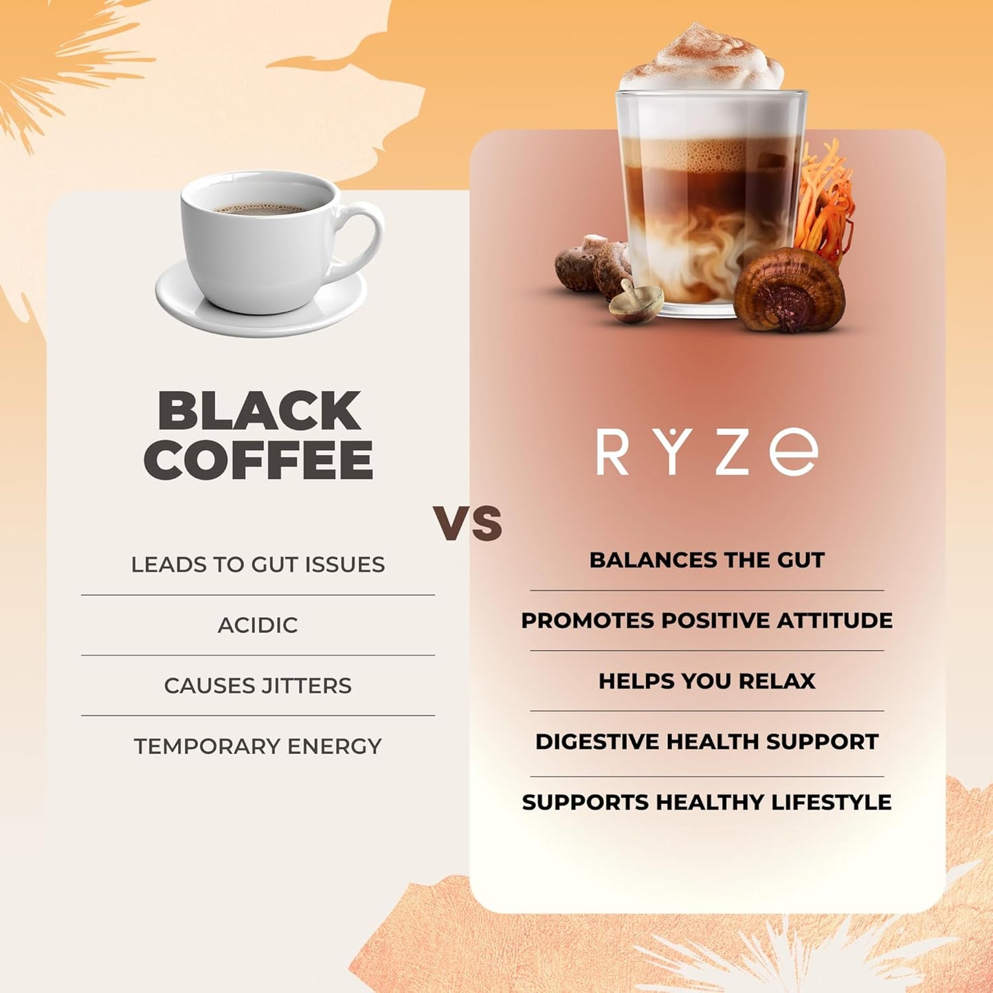 RYZE SUPERFOODS Mushroom Coffee USDA Organic with 6 Adaptogenic Mushrooms and MCT Oil