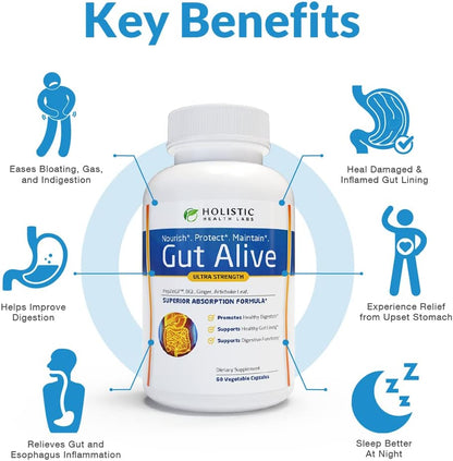 Gut Alive - All Natural Support to Fight IBS, Heartburn, Acid Indigestion, Acid Reflux, Bloating & Gas. Unique Formulation (60 Count (Pack of 1)