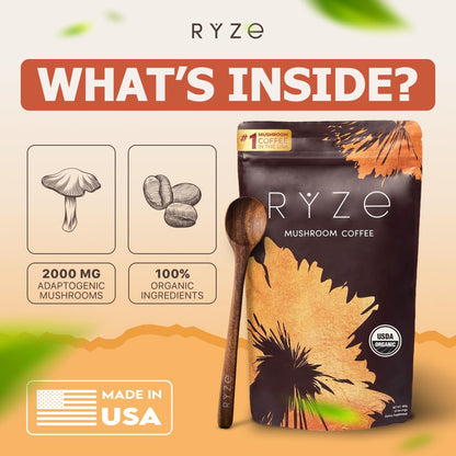 RYZE SUPERFOODS Mushroom Coffee USDA Organic with 6 Adaptogenic Mushrooms and MCT Oil
