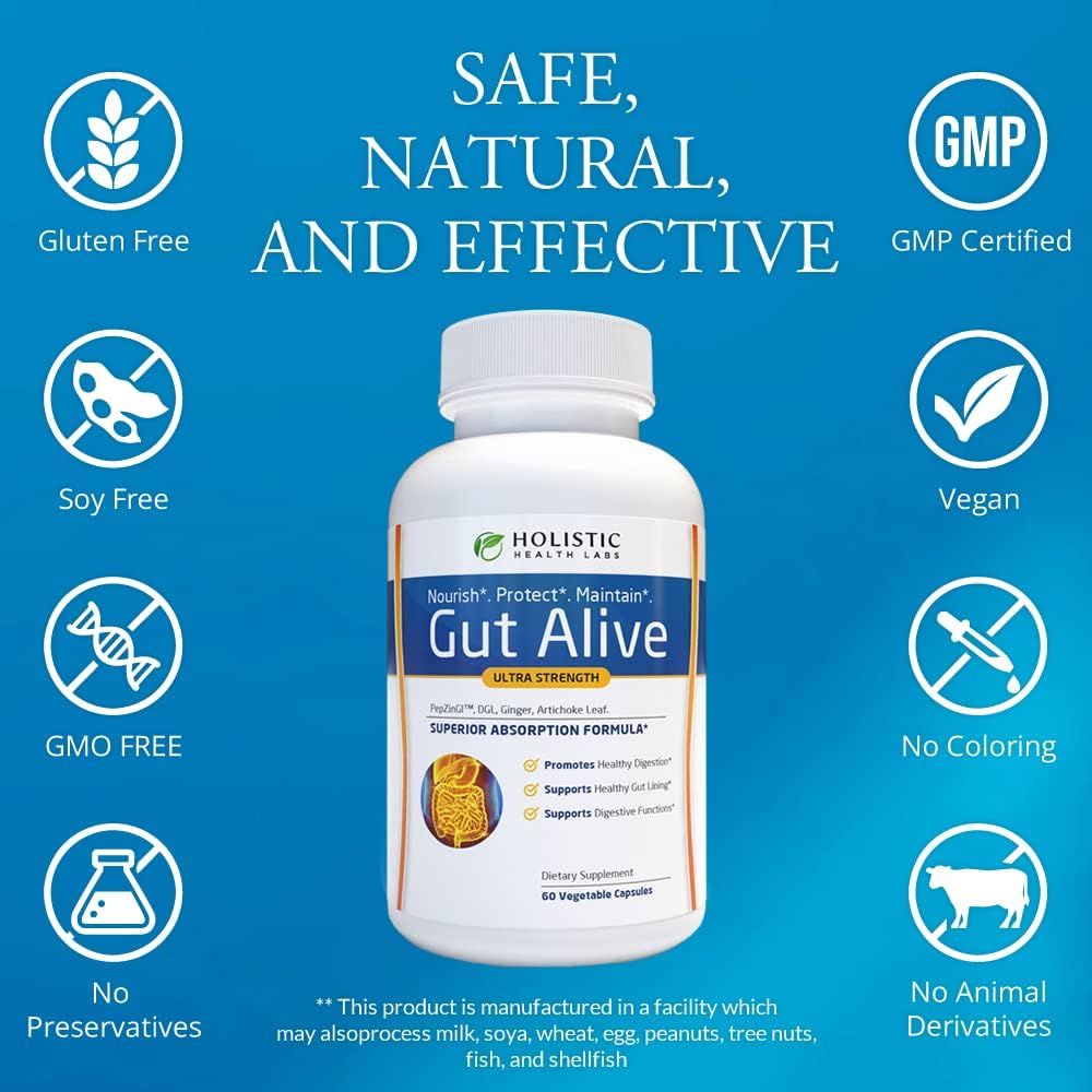 Gut Alive - All Natural Support to Fight IBS, Heartburn, Acid Indigestion, Acid Reflux, Bloating & Gas. Unique Formulation (60 Count (Pack of 1)