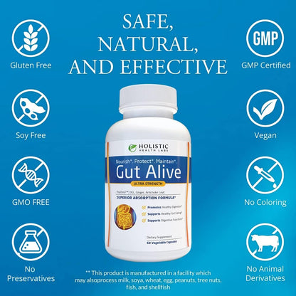 Gut Alive - All Natural Support to Fight IBS, Heartburn, Acid Indigestion, Acid Reflux, Bloating & Gas. Unique Formulation (60 Count (Pack of 1)