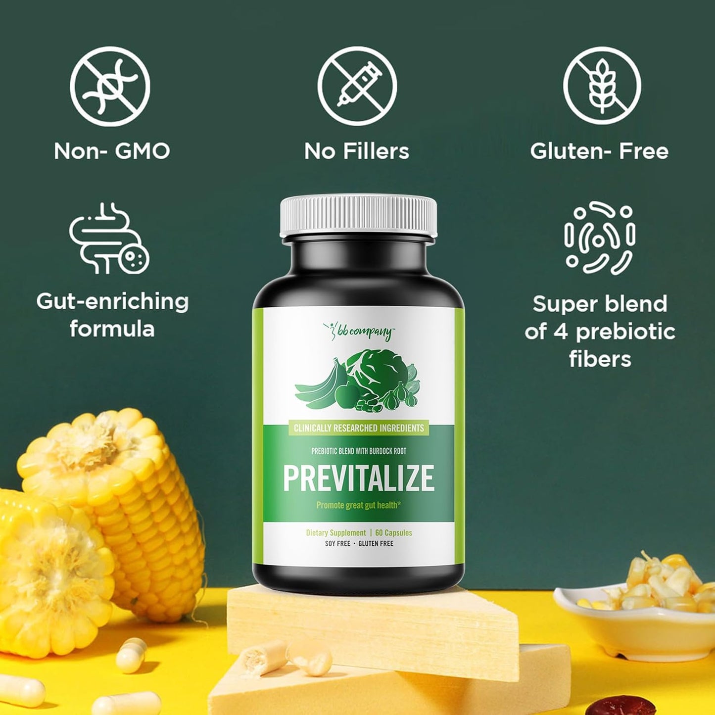 BB Company Previtalize | Prebiotics for Women, Prebiotic Fiber for Gut Health | 60 Ct