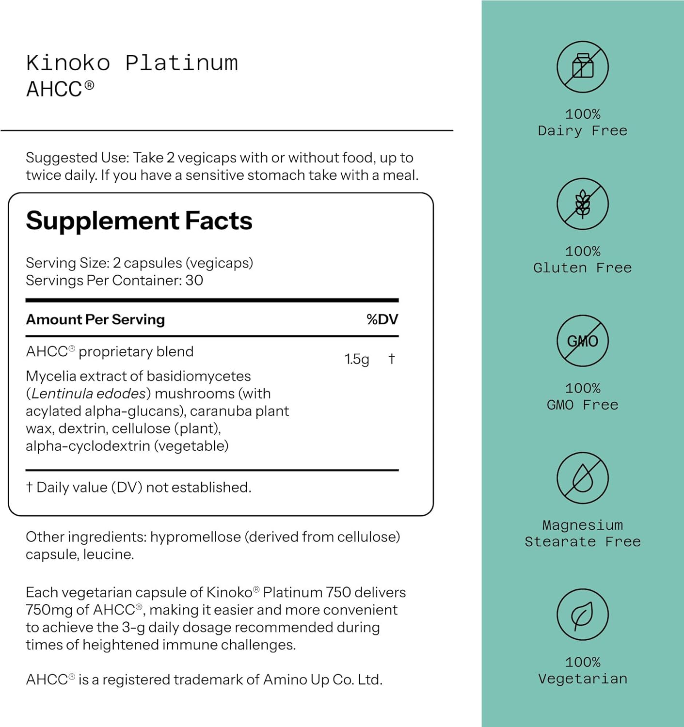 Quality of Life Premium Kinoko Platinum AHCC Herbal Supplement, Pack of 1, 60 Veggie Capsules