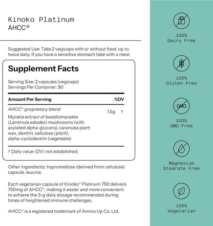 Quality of Life Premium Kinoko Platinum AHCC Herbal Supplement, Pack of 1, 60 Veggie Capsules