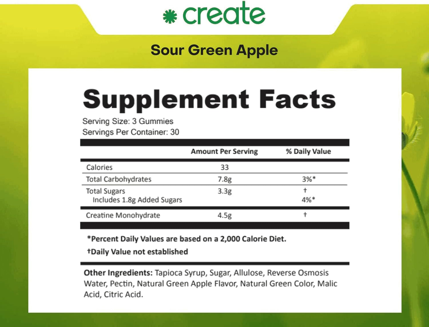 Creatine Monohydrate Gummies for Men & Women (Sour Green Apple, 90 ct)