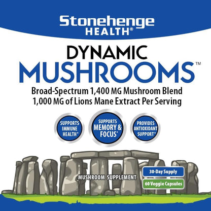 Stonehenge Health Dynamic Mushrooms - 100% Fruiting Bodies &amp; Extracts  - No Mycelium - 60 Veggie Capsules