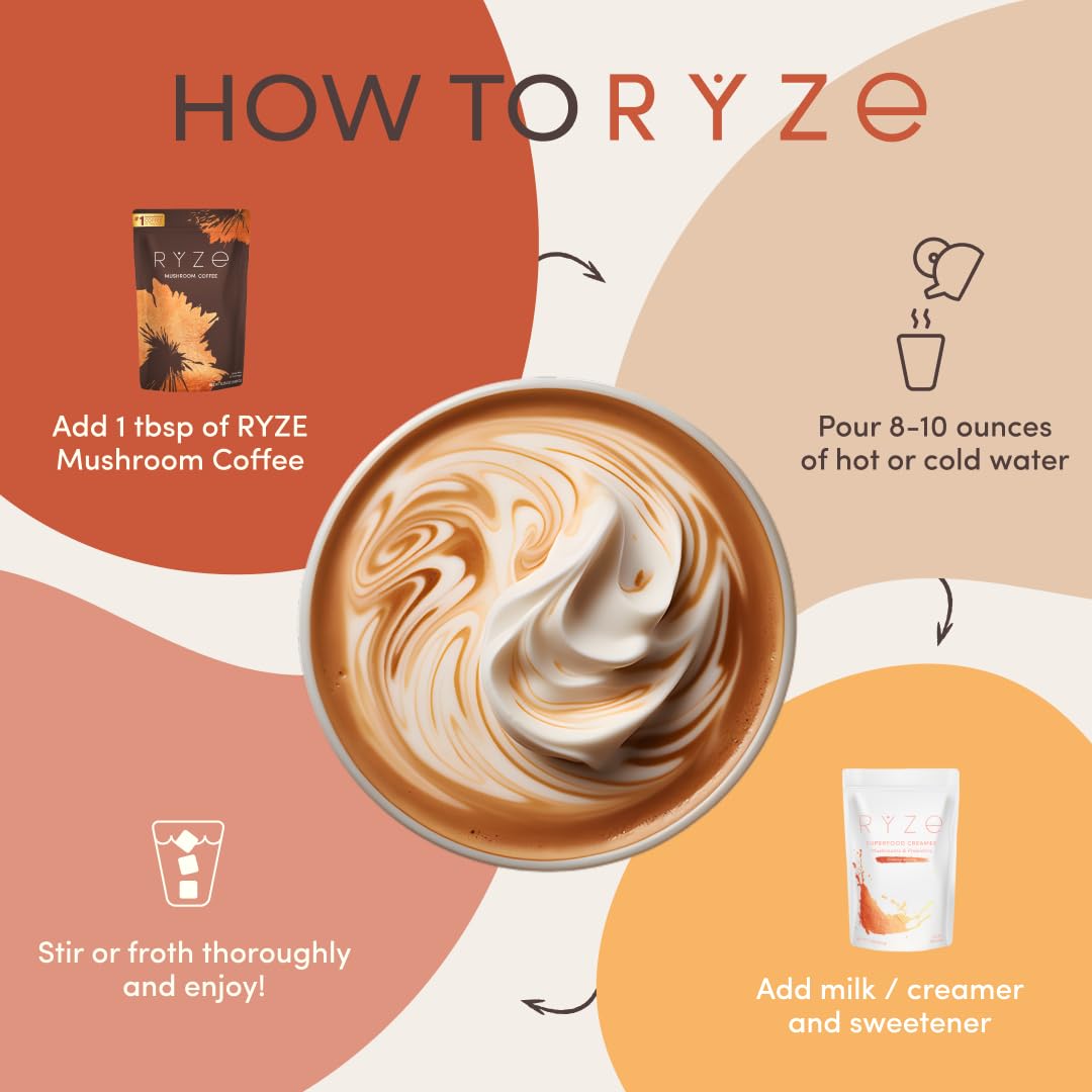 RYZE SUPERFOODS Mushroom Coffee USDA Organic with 6 Adaptogenic Mushrooms and MCT Oil