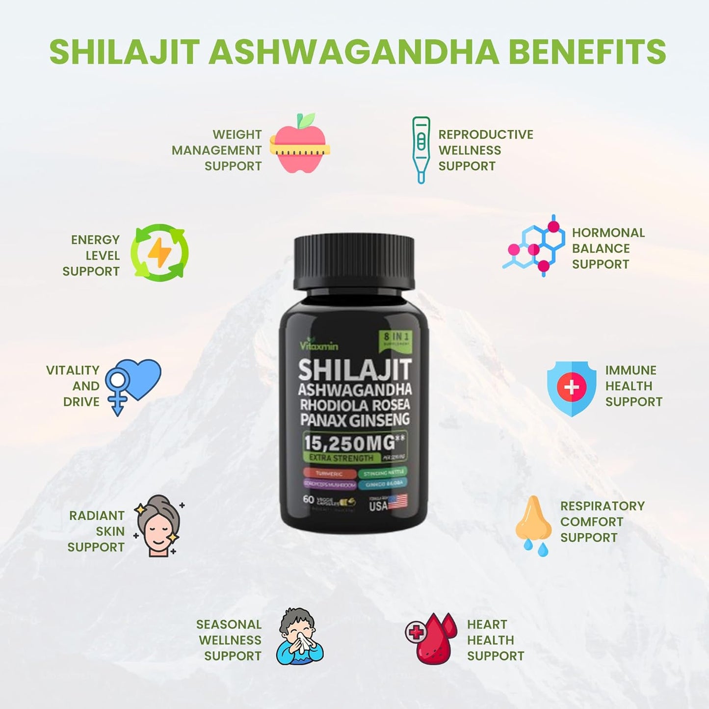 Shilajit and Ashwagandha Capsules, 8-in-1 Herbal Multivitamin for Men and Women